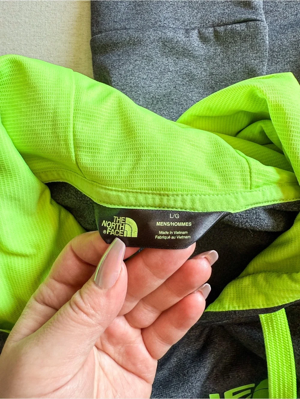 The North Face Hoodie Gray Neon Green Logo Pullover Sweatshirt Size L